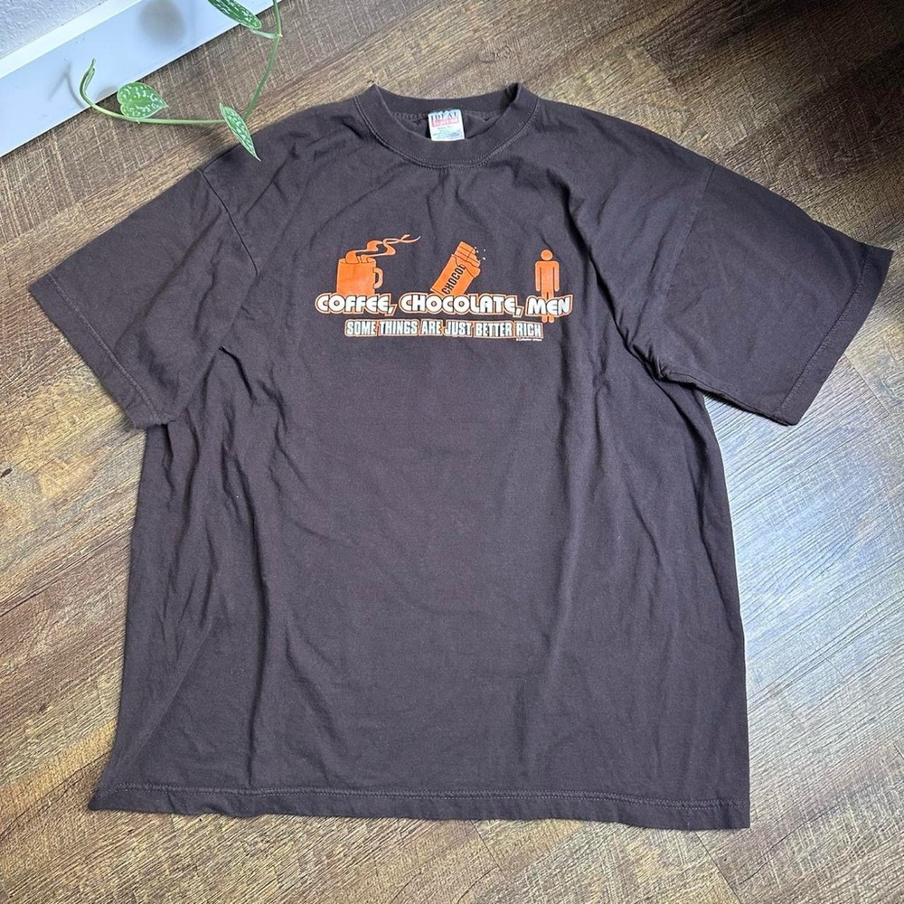 Vintage dark brown and orange coffee, chocolate, and men t-shirt Size XL